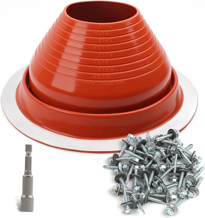 Aothotop #6 High Temp Silicone Metal Roof Pipe Flashing Boot - Roof Vent Boot for Pipe OD 5" to 9" - Roof Vent Cover for Stove Pipe, Chimney, HVAC Ducts & Plumbing Vents with Roofing Screws & Hex Socket - Image 1